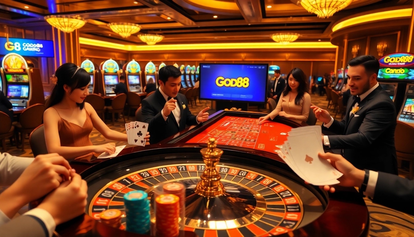 Experience https://good88k.co/ as players engage at a vibrant casino table with exciting games and luxurious decor.
