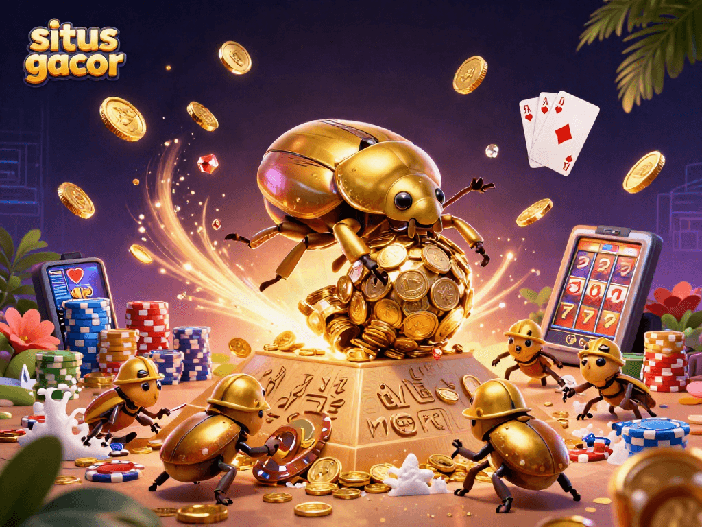 Situs gacor showcases a vibrant casino scene with golden beetles and dynamic gaming elements.