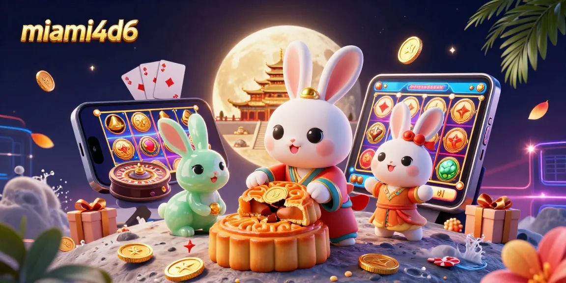 Bet on miami4d6, where a moon rabbit reveals hidden poker chips in a vibrant casino scene.