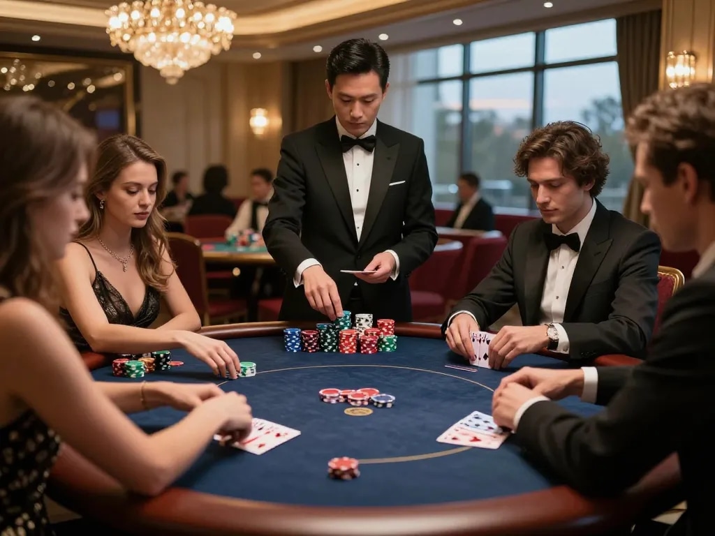 Players strategizing in a high-stakes poker game at a casino, showcasing btopcshop's gaming elegance.