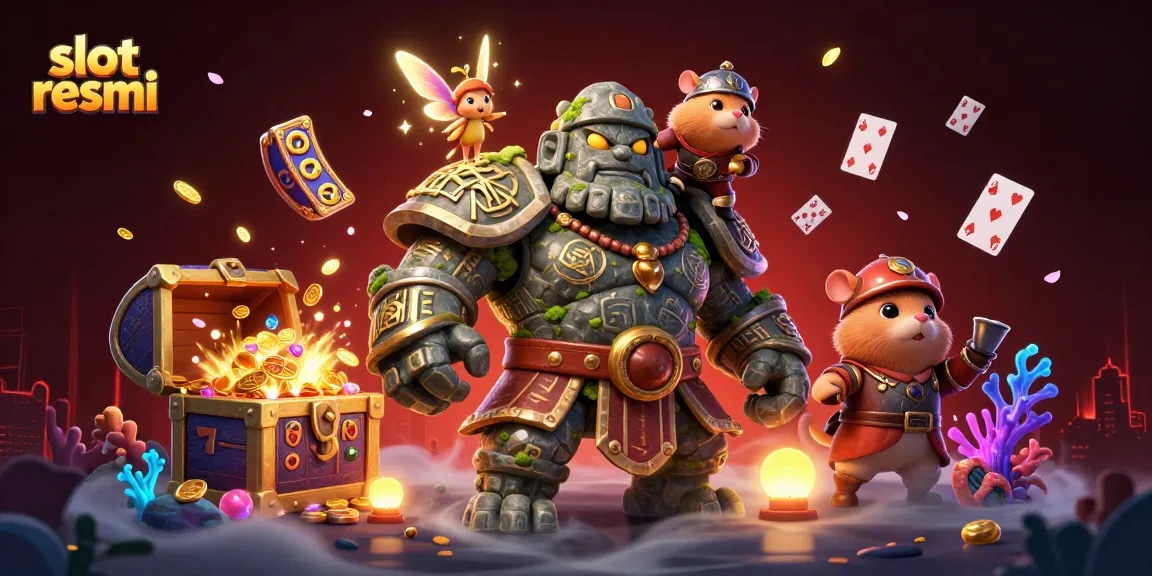 Memenangkan jackpot di slot resmi dengan golem penjaga dan peri sihir, memancarkan koin berkilau.