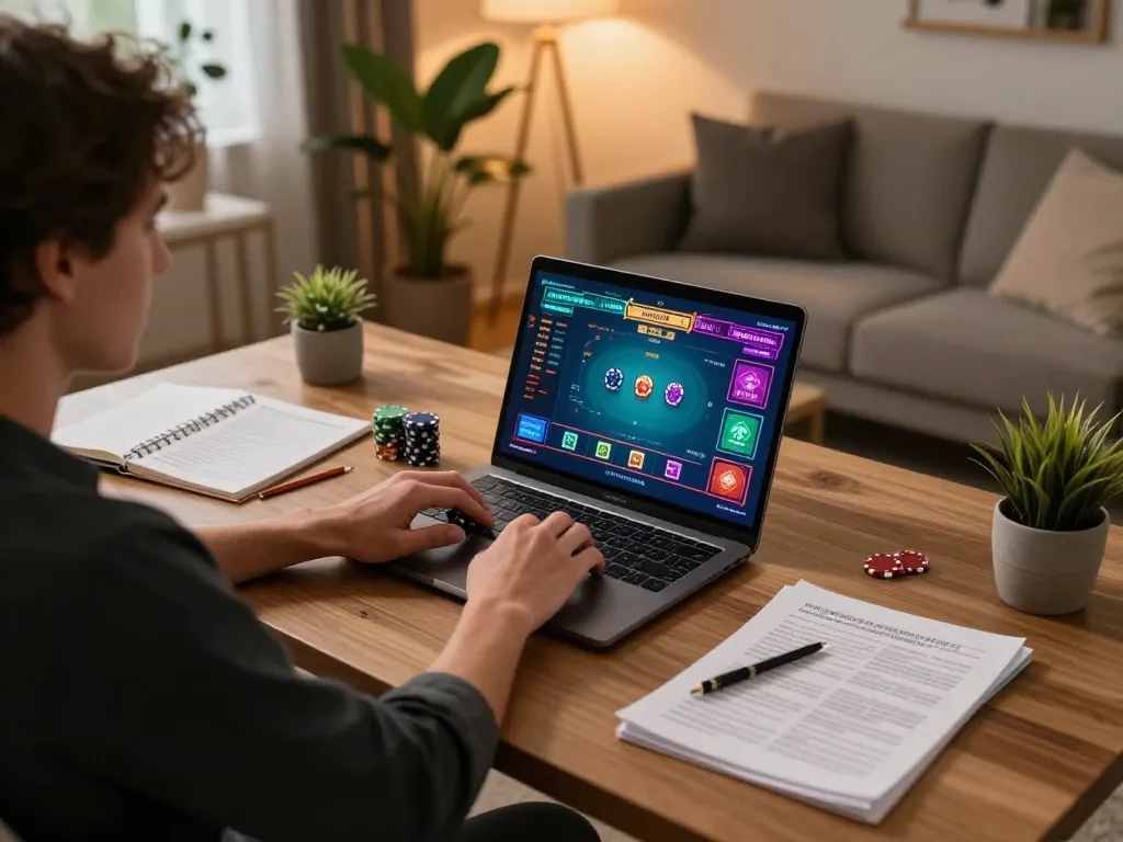 Engaging in online poker strategies with Hubet, showcasing a stylish home office setup.