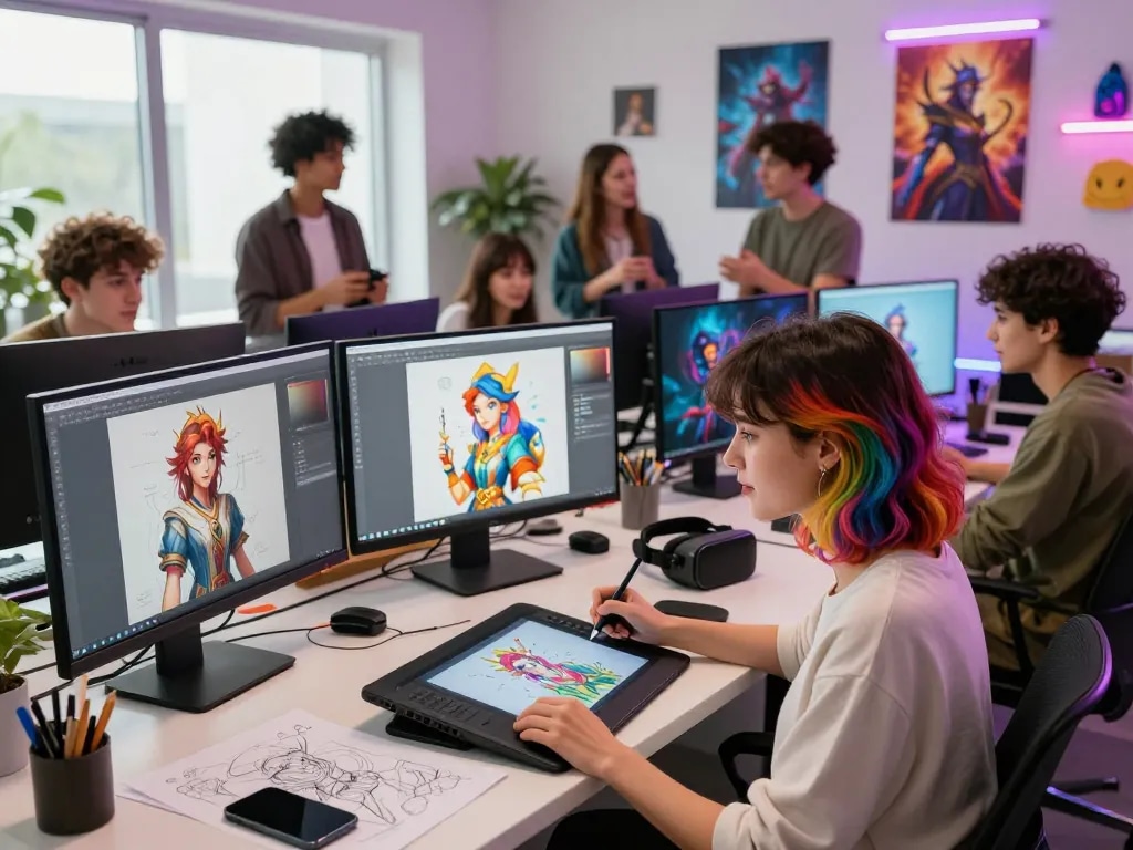 Dynamic NSFW AI character design studio scene with diverse artists collaborating on digital illustrations.