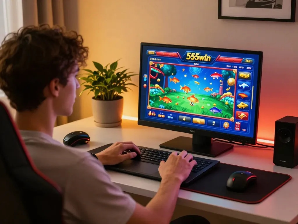 Player engaged in 555win online casino gaming, showcasing vibrant game interface and responsible play.