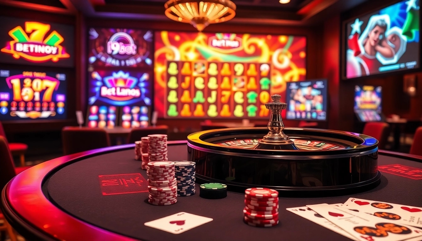 Experience the thrill of i9bet with an exciting casino scene featuring poker and roulette.