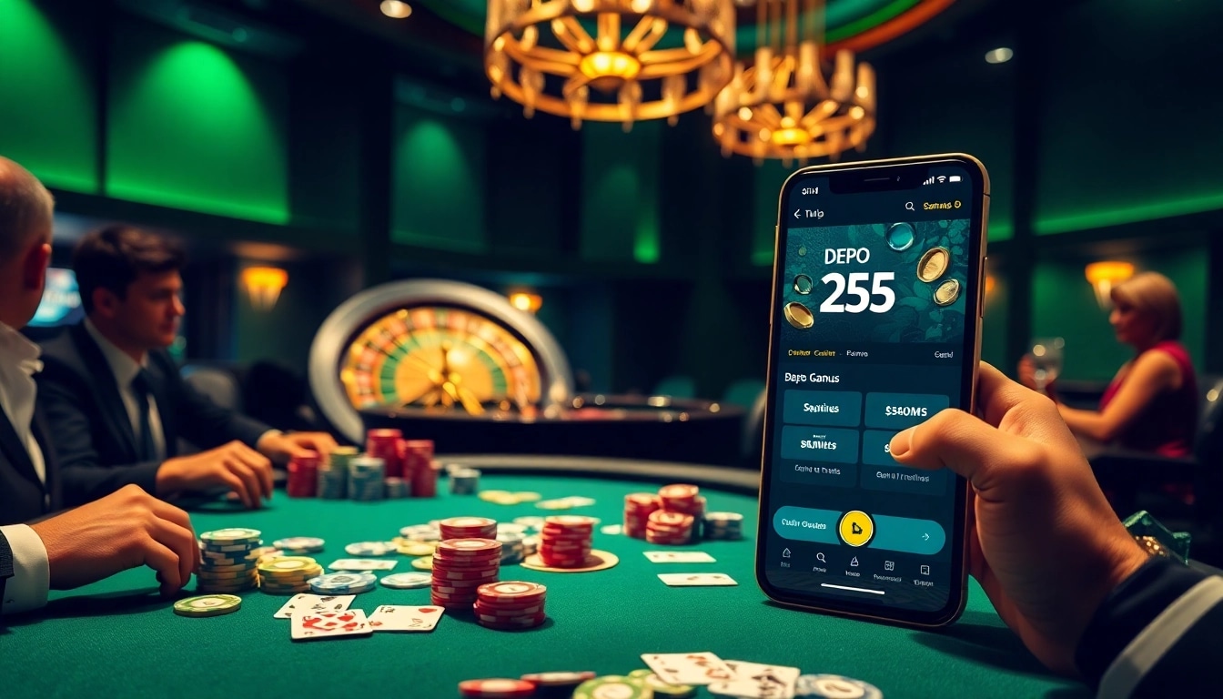 Experience the excitement of depo 25 bonus 25 at a luxurious casino, featuring colorful chips and a roulette wheel.