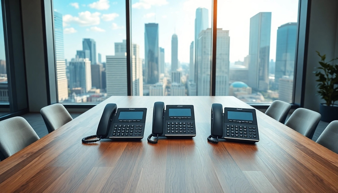 Showcasing a cloud based phone system in a modern office setting with VoIP desk phones.