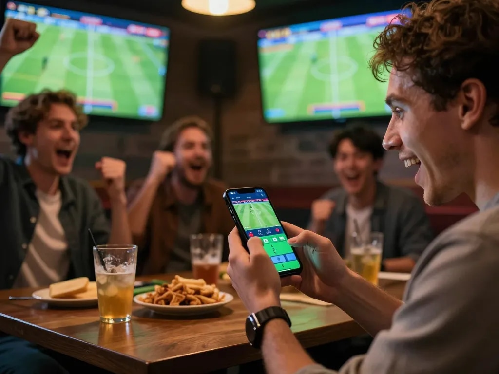 Soi Kèo user placing bets on smartphone while enjoying live sports, highlighting dynamic engagement in gambling.