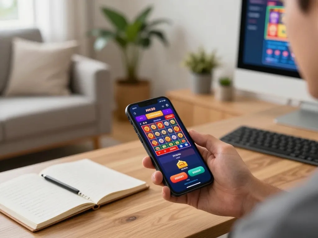 Player engaging with the NK88 app for online slots and betting in a cozy home setting