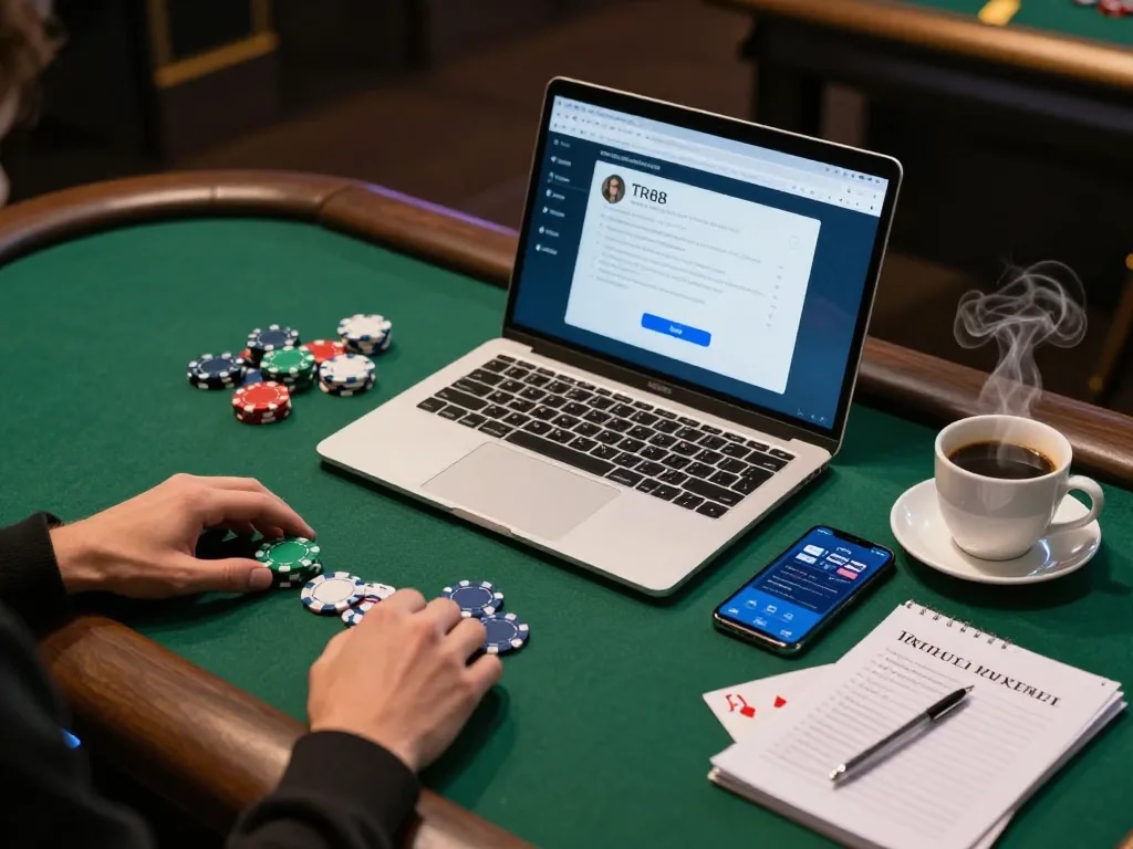 Player enjoying online gaming at home with TR88 app and poker chips scattered on the table.