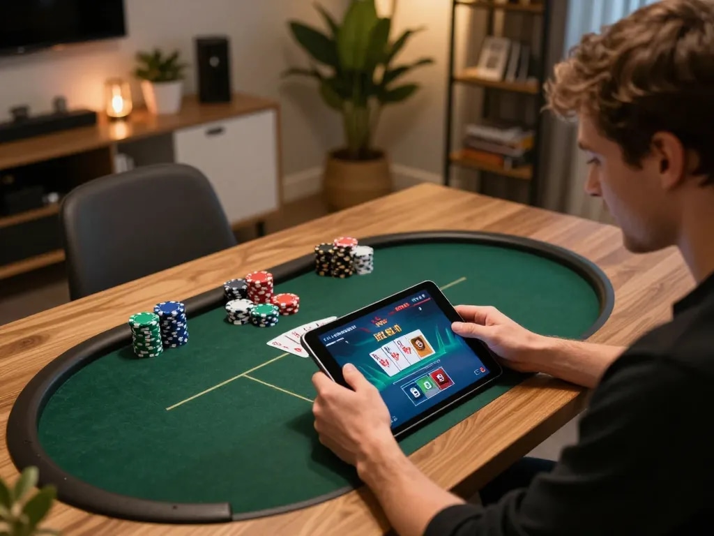 Engaging online poker session with ทางเข้า m103 in the background, showcasing player dynamics and vibrant screen interface.