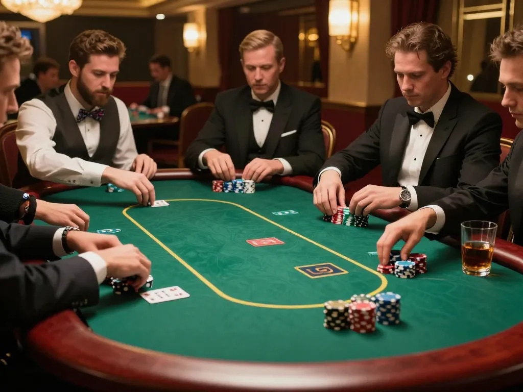 MPOID poker players strategizing over a high-stakes table, enhancing the gaming experience.