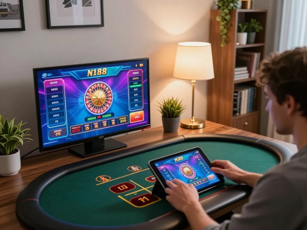 N188 player enjoying an online roulette game on a tablet in a cozy home setting