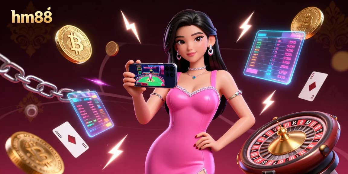 Engage with the live dealer game experience at hm88, showcasing a stunning Asian woman in a modern cocktail dress holding a smartphone.