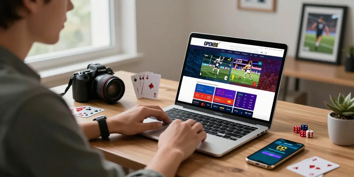 Engaging user betting on OPEN88 online gambling platform with sports memorabilia and vibrant display