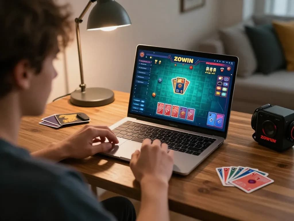 ZOWIN online gaming scene with person playing cards on a laptop in cozy setting
