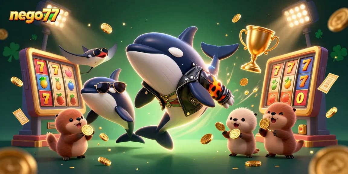 Nego77 brings excitement with a lively 3D scene featuring joyful sea creatures and vibrant slot game elements.