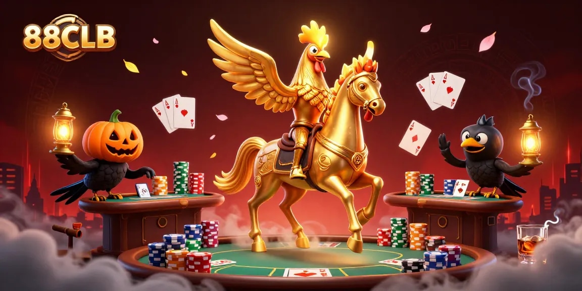 Engage in exciting online games at 88CLB featuring a golden rooster in a dynamic casino setting.