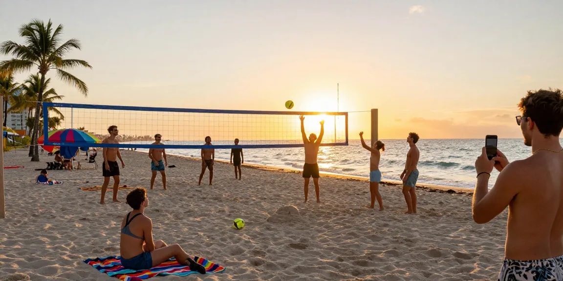 Teman-teman bersenang-senang di pantai Miami, voli pasir saat matahari terbenam di https://miami4d.com/.