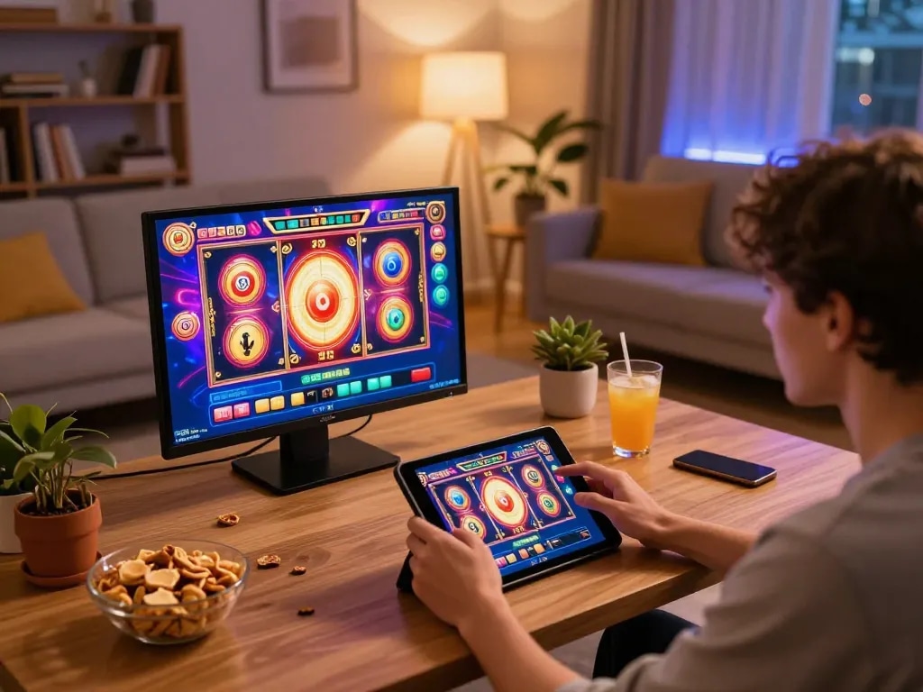 Player enjoying exciting slot games on vvvwin in a cozy home setting with snacks and drinks.
