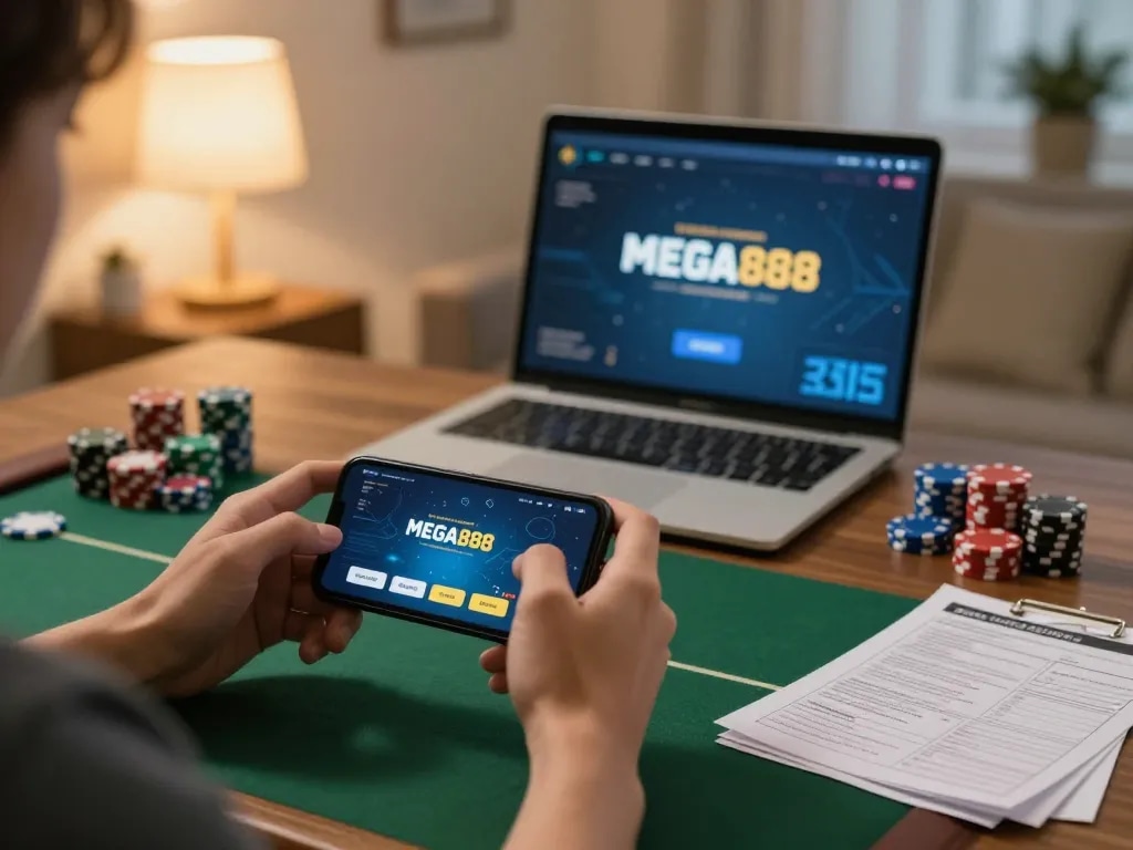 Engaging gameplay on mega888 mobile app with chips and strategy notes in cozy living room.