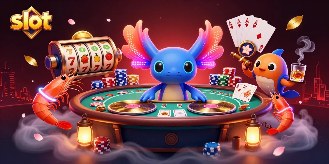 Slot gacor dengan karakter kartun neon DJ dan udang menari di kasino digital.