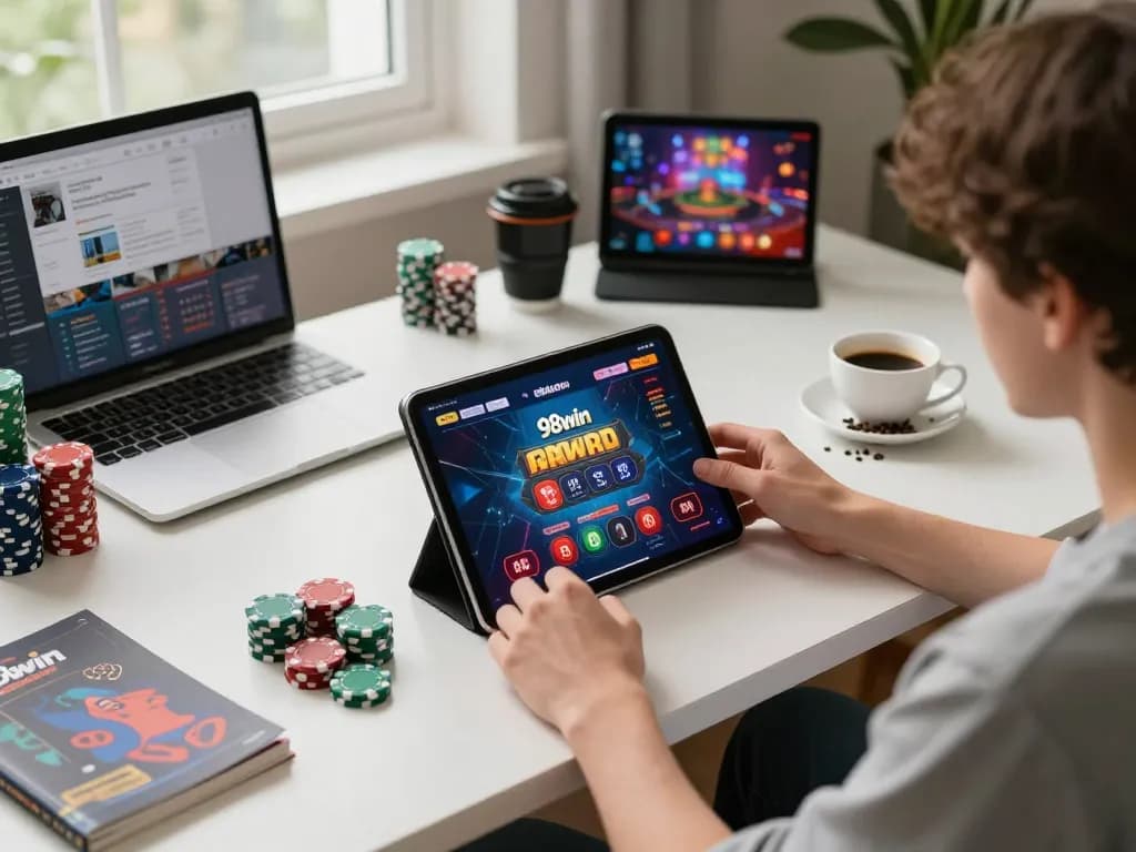 Player enjoying online casino games on 98win com at home with a tablet and poker chips.