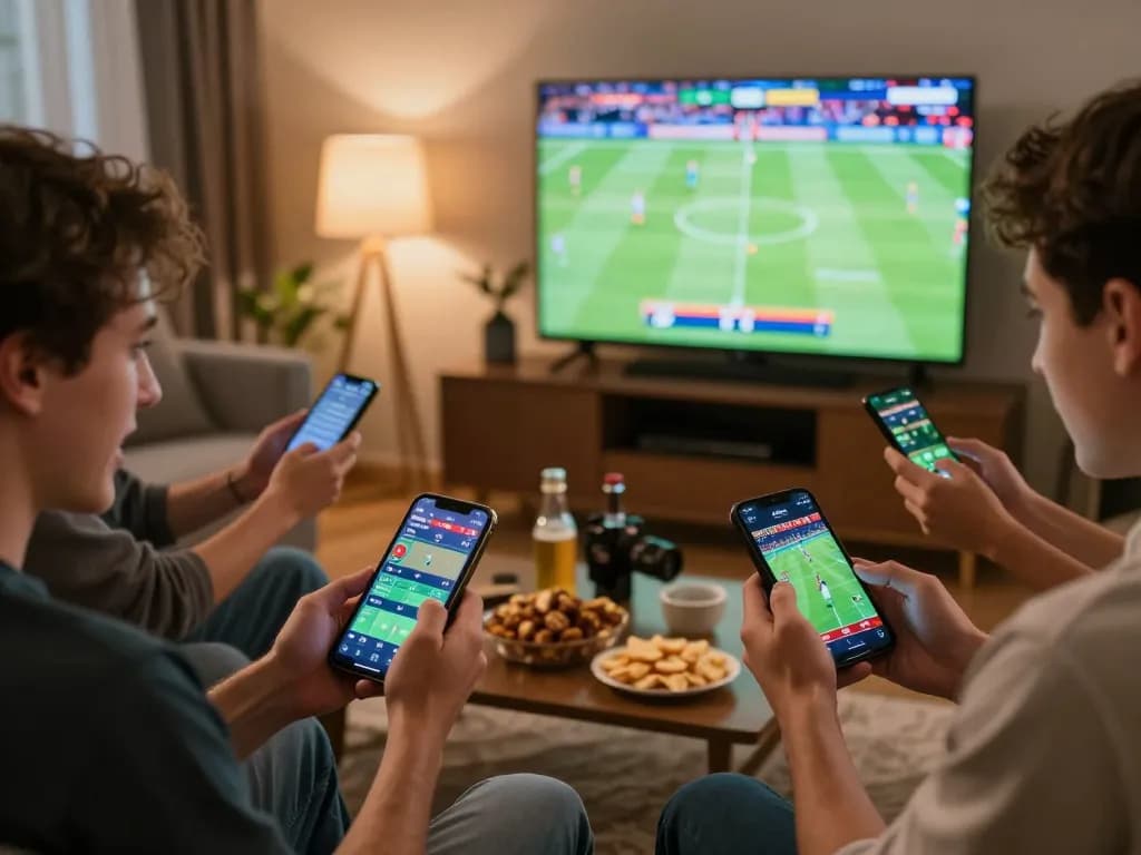 Engaged bettors enjoying online nk88 sports betting session at home with smartphones.