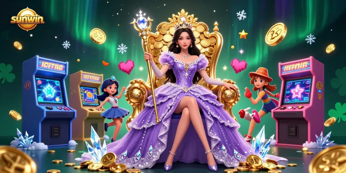 Win big with sunwin in a lavish casino scene featuring a majestic princess surrounded by gaming excitement.
