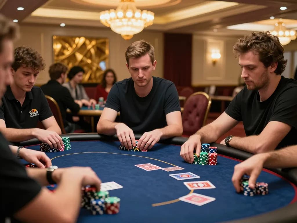 Players engaged in high-stakes poker at HIT CLUB casino table with colorful chips and cards