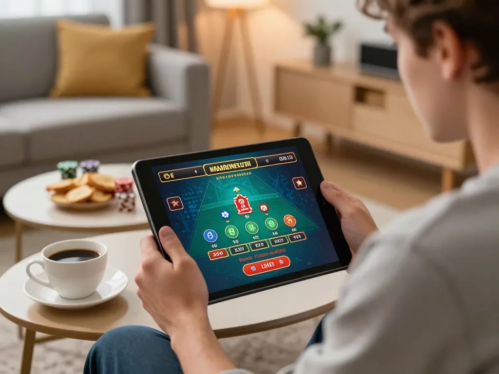 Player enjoying a live dealer game while seated at home, emphasizing Trang chủ Fly88 and responsible gaming strategies.