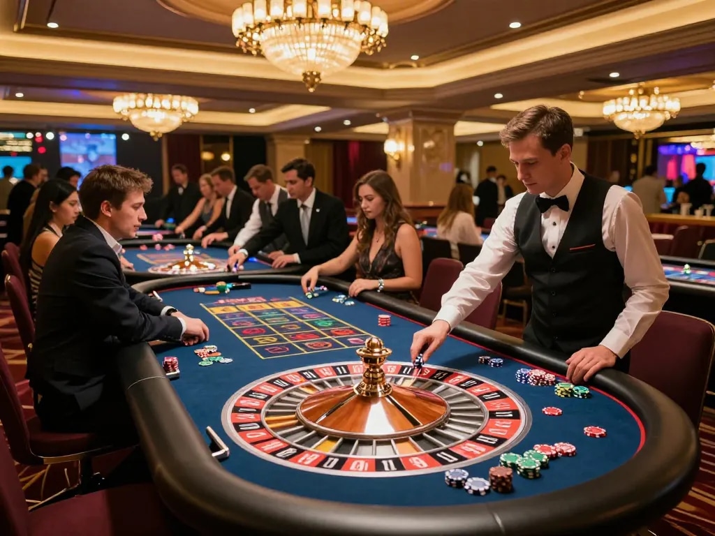 Experience the excitement of roulette at 77WIN with players engaging and betting in a luxurious casino.