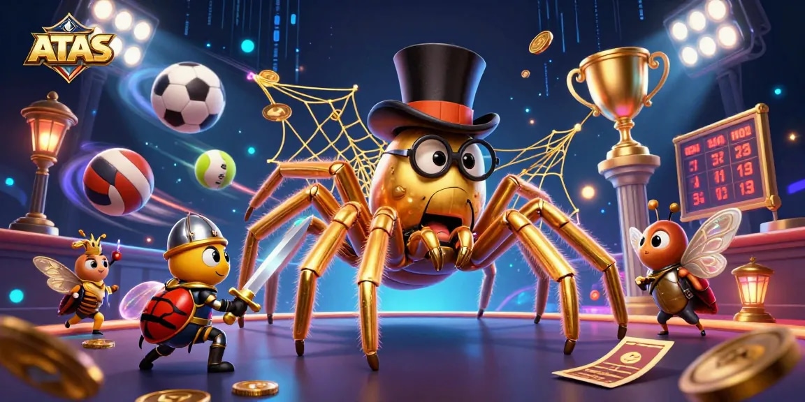Engage with ATAS Casino's vibrant scene featuring golden tarantula and beetle knight amidst dynamic gaming elements.