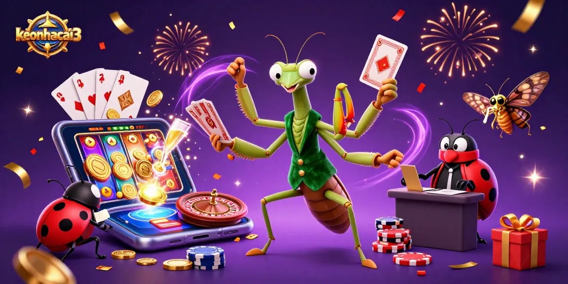 Experience thrilling action with keonhacai3 as a giant praying mantis dealer showcases games, money, and excitement