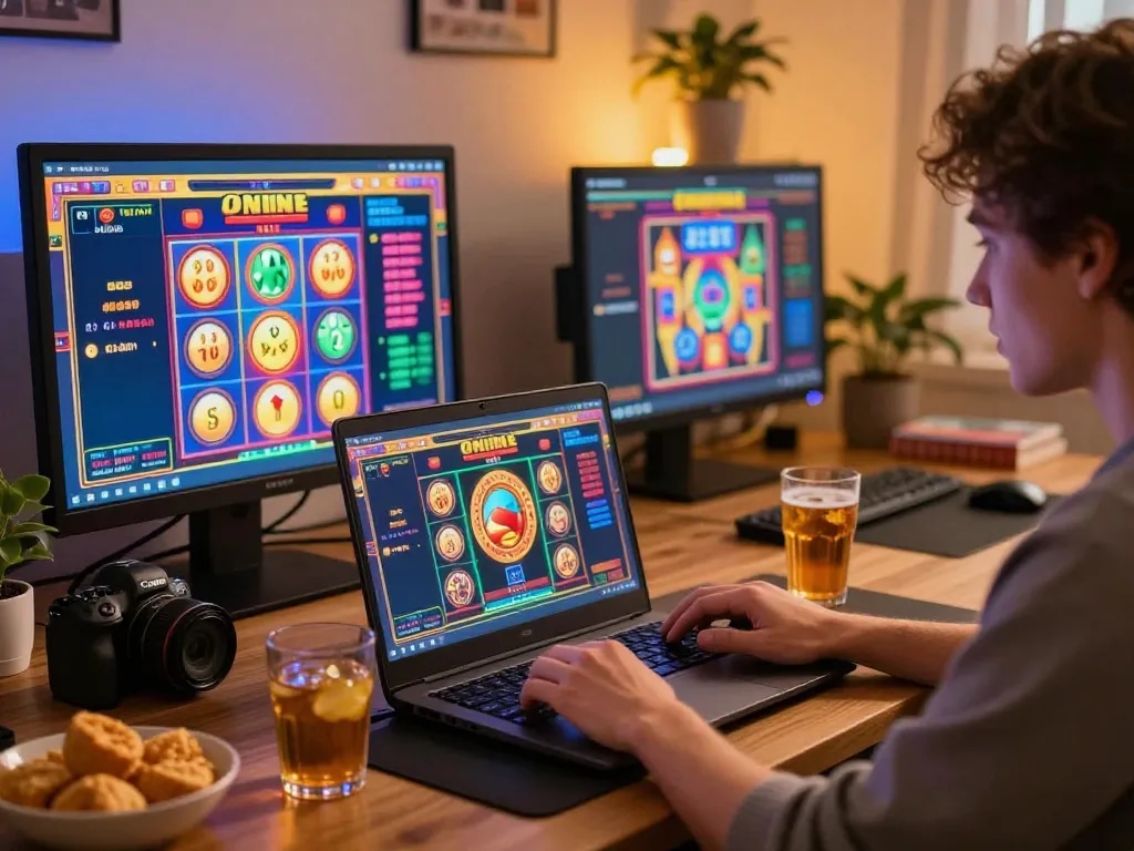 Bangsawan88gg player enjoying online slots on laptop at home with vibrant game interface.
