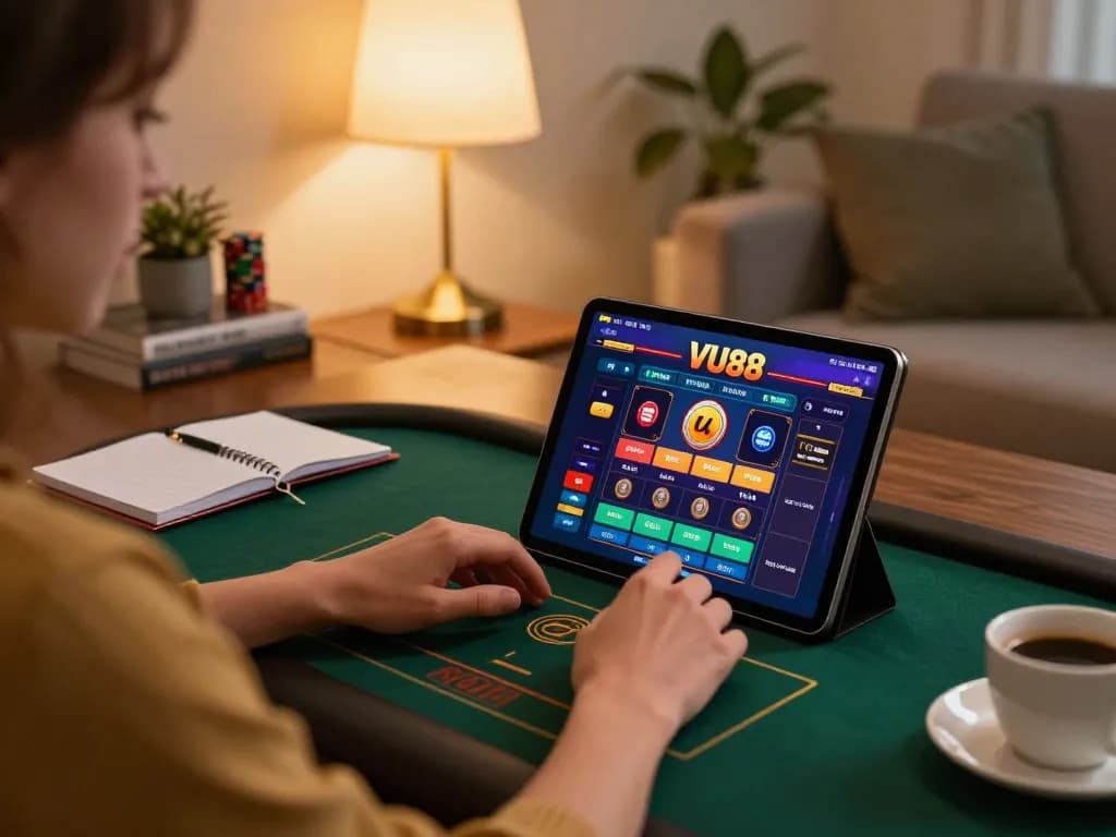 Engaging with the VU88 online casino on a tablet, capturing the thrill of digital betting.