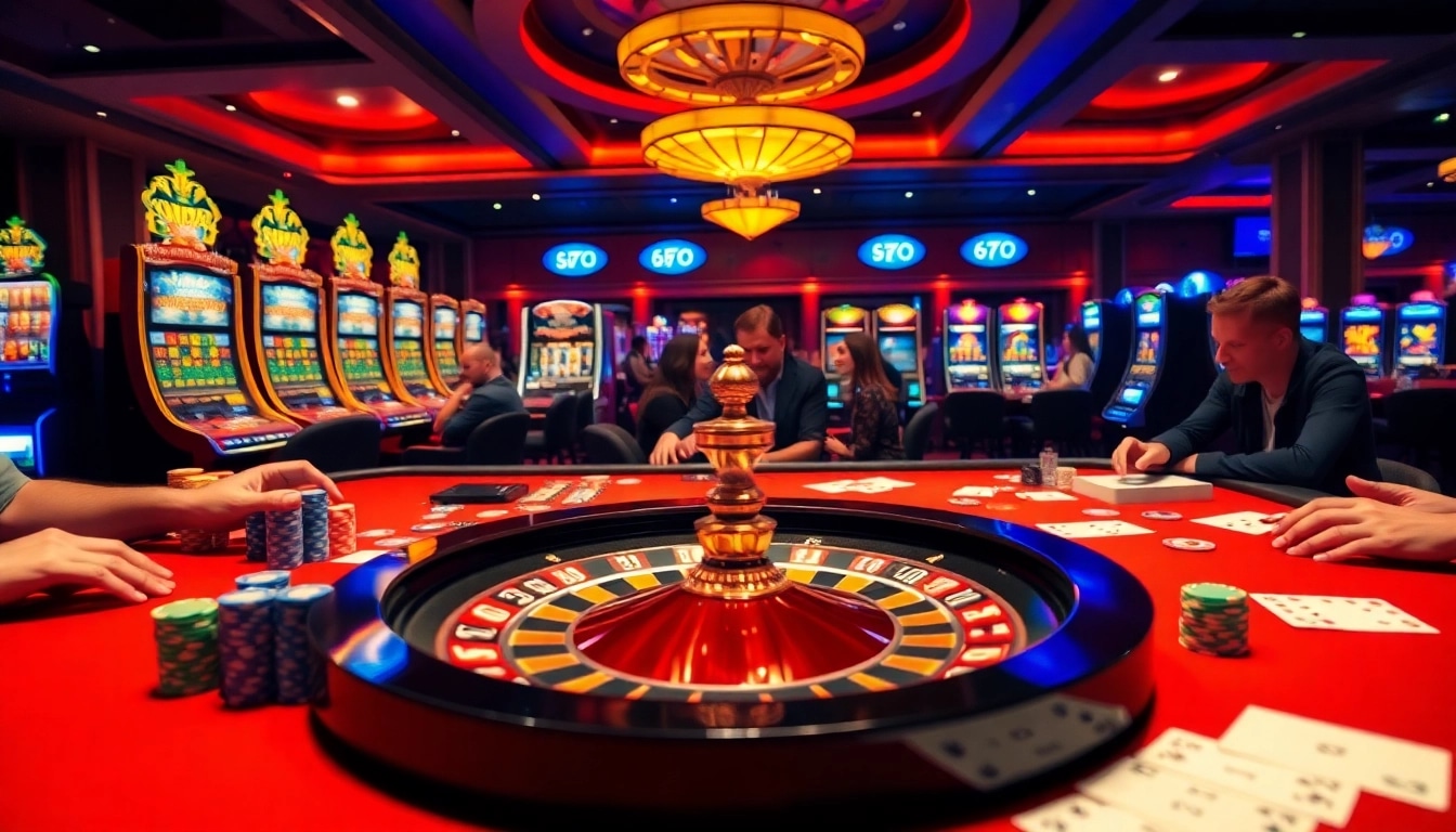 Engaged players enjoying a thrilling game at SODO CASINO 66 with vibrant poker chips and a roulette wheel.