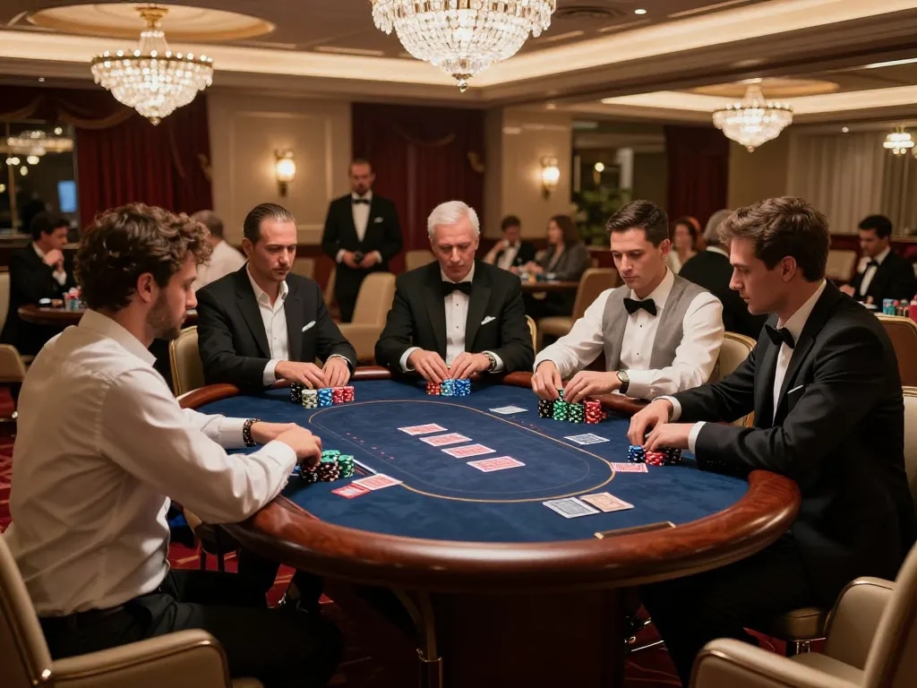 Players enjoying a high-stakes poker game at 777VIP's exclusive VIP room.