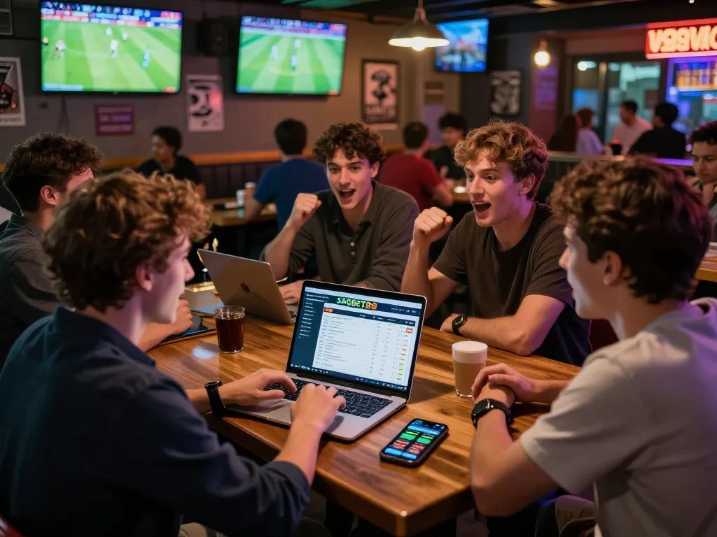 SBOBET88 sports betting enthusiast analyzing odds at a lively sports bar during live matches.