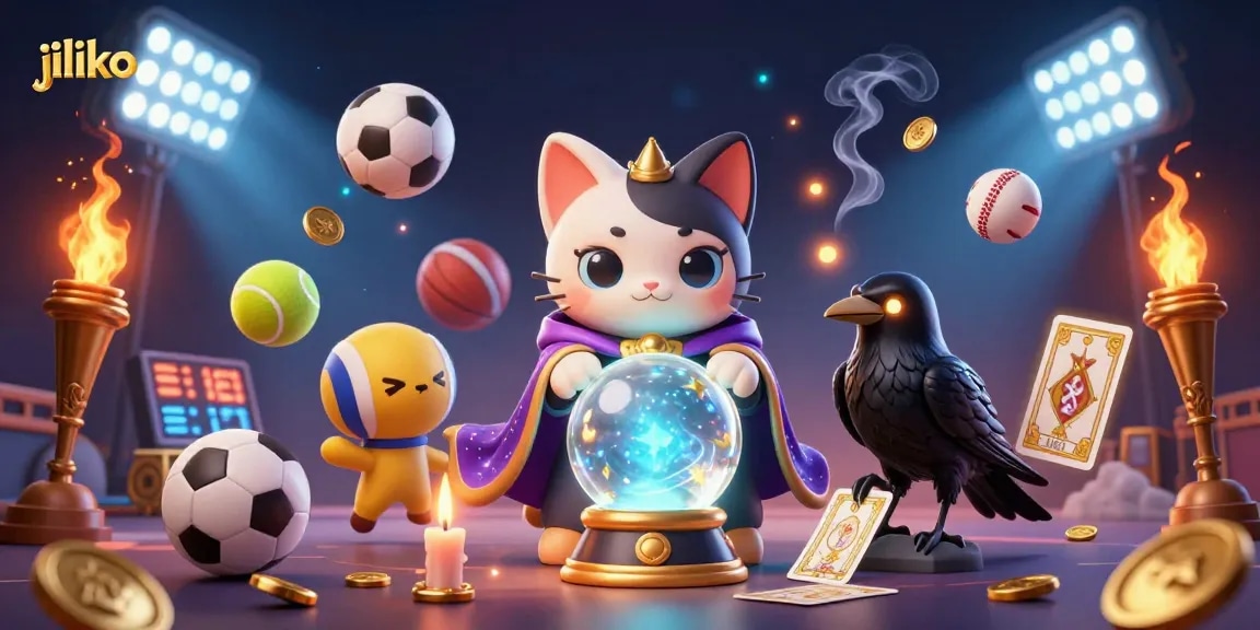 jiliko offers a vibrant scene of a mystical cat and raven amidst dynamic sports betting elements.
