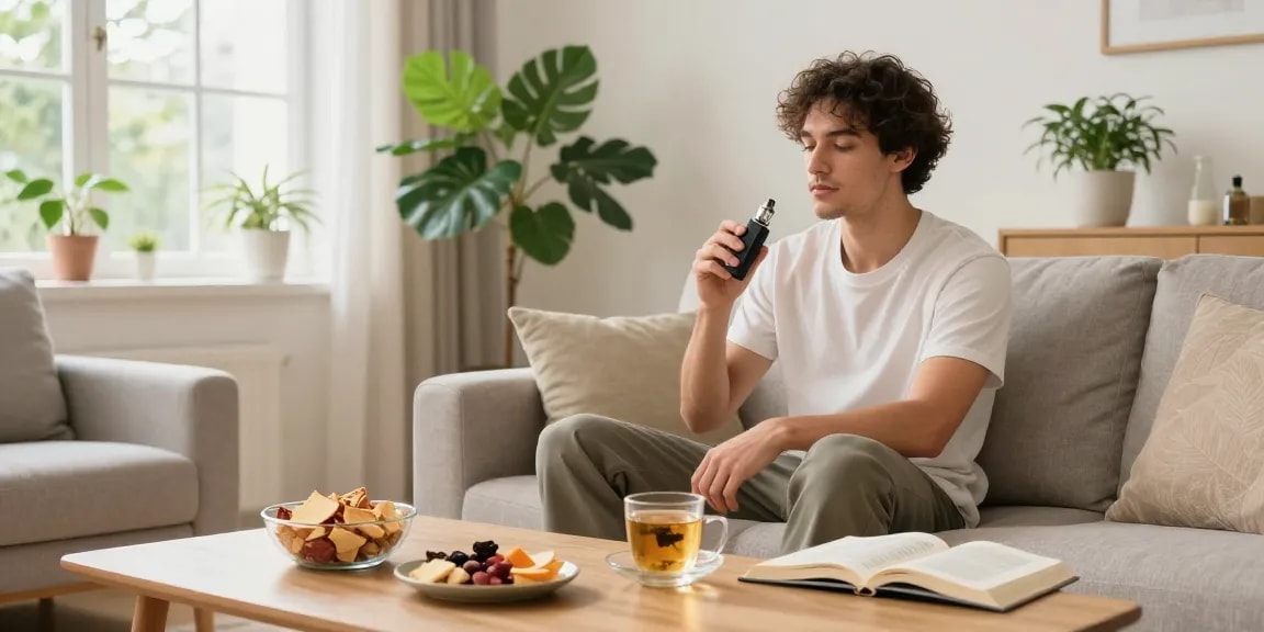 Legal vaping age in Cyprus, showcasing a wellness lifestyle with vape device, herbal tea, and healthy snacks in a bright living room.