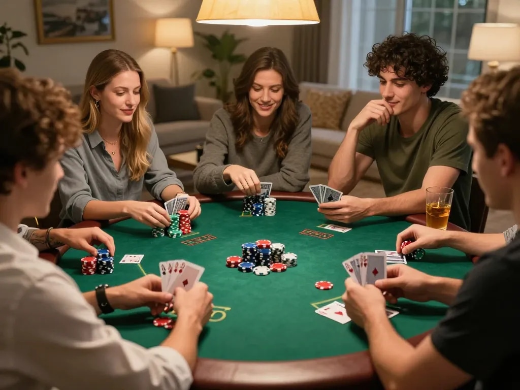 Friends enjoying a competitive poker night, with HIT CLUB cards and chips displayed, bringing excitement to the game.
