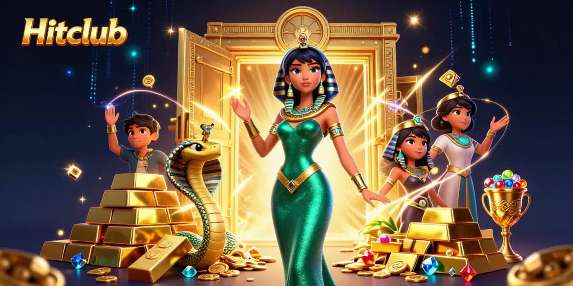 Hitclub shines in this vibrant scene filled with treasure and casino elements.