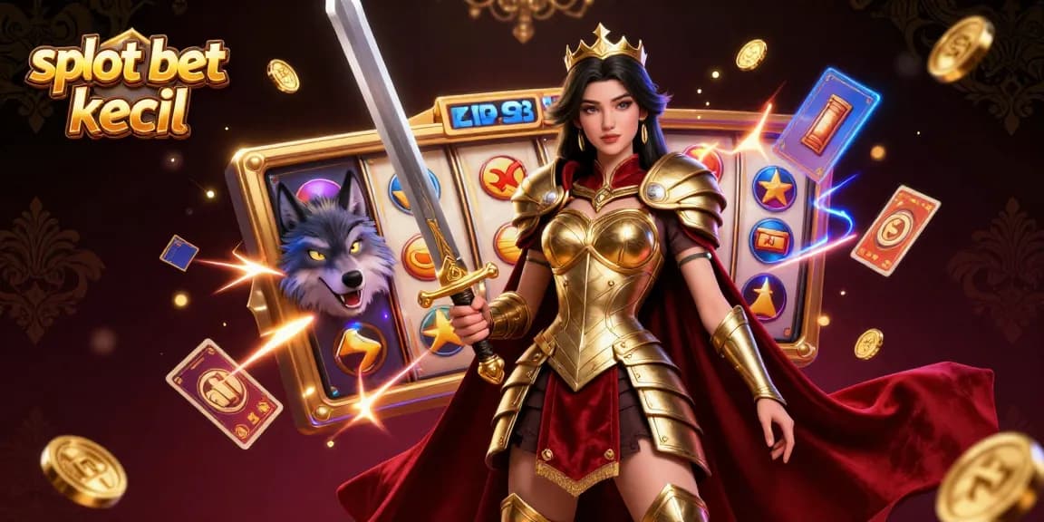 Engage with slot bet kecil action featuring a striking female warrior holding a sword, dynamic slot reels, and coins.