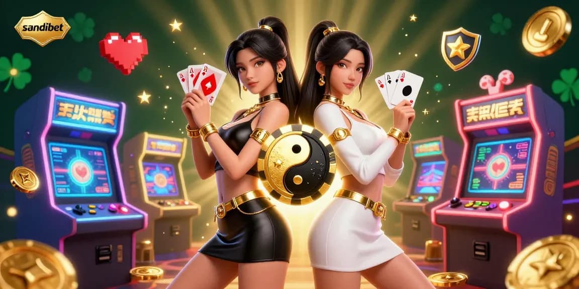 Bergabunglah dengan aksi kemenangan di sandibet dengan wanita Asia menakjubkan yang memegang kartu bermain, dikelilingi oleh elemen permainan yang penuh warna.