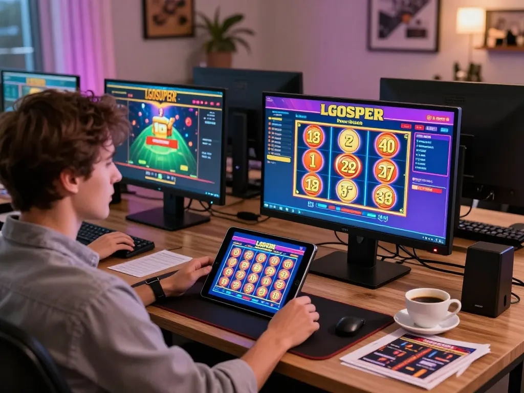 Engaging in LGOSUPER online gaming with vibrant slot reels on a tablet amidst a stylish home setup.
