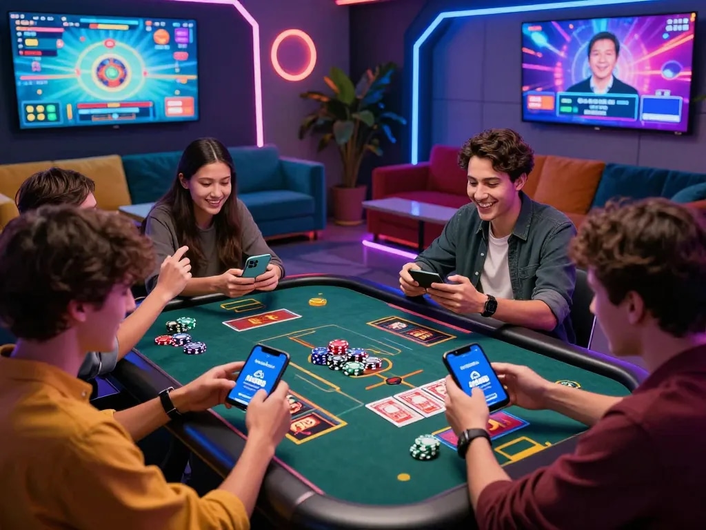 Engaged players enjoying the thrilling hm88 link online gaming experience in a modern virtual lounge, showcasing interactive casino games.