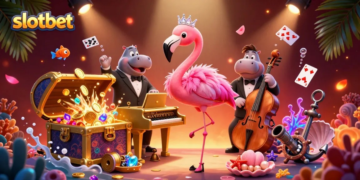 Engage with slotbet's vibrant online gaming scene featuring lively casino characters and sparkling treasures.