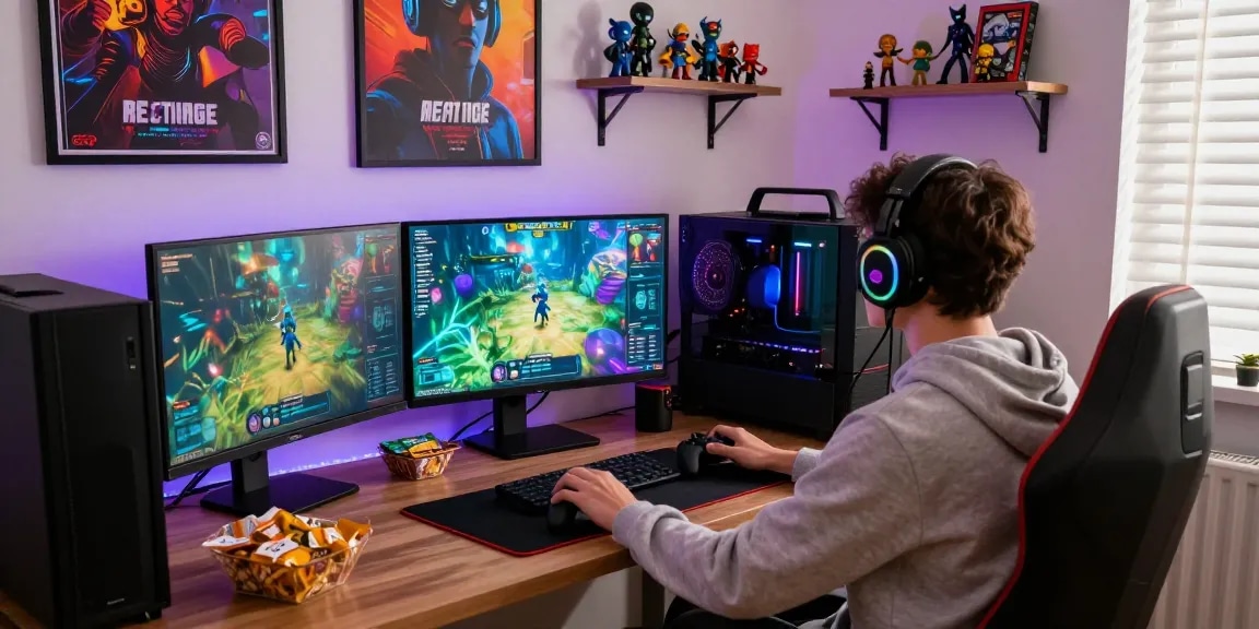 Engaging home gaming setup featuring mind control porn games on multiple screens.