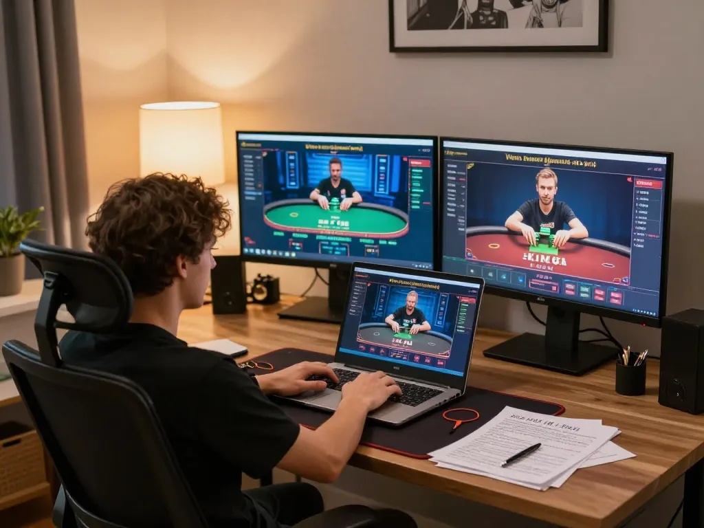 uu88 player engaging in online poker strategy with multiple screens and focused gaming environment